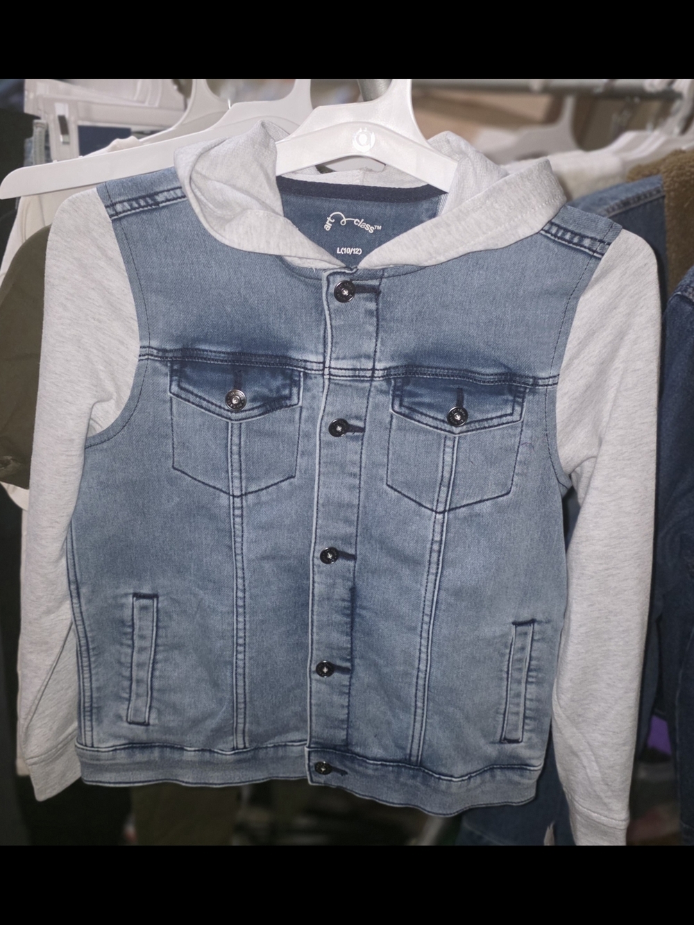 Kids Denim Jacket with Gray Hoodie Sleeves